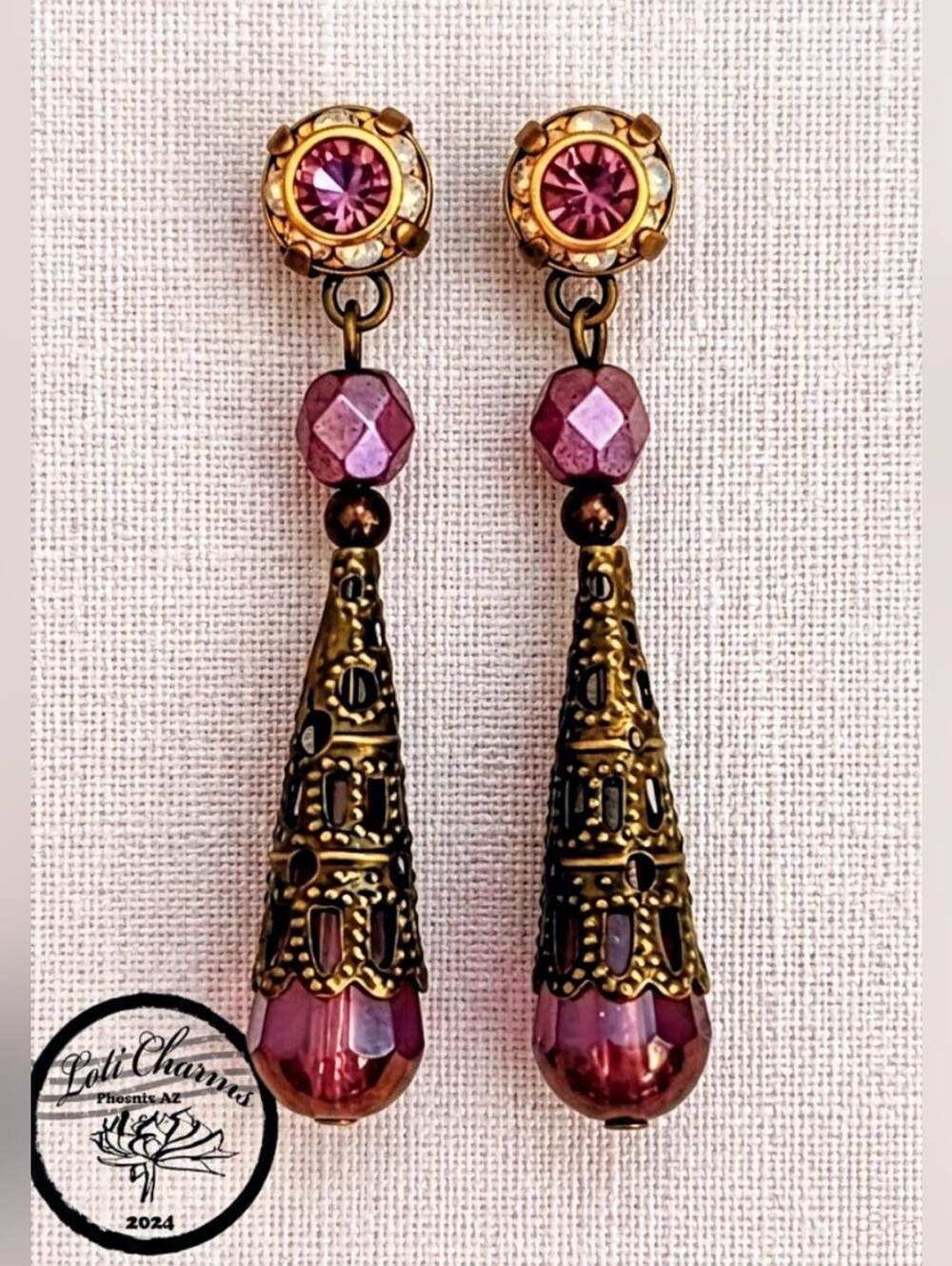 Victorian Amethyst Opal Swarovski Crystal & Glass Filigree Earrings In Brass